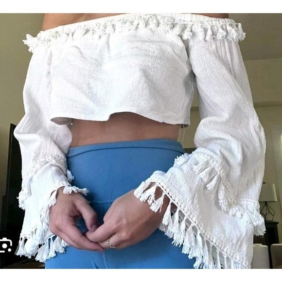 Skylar + Madison Tops - SKYLAR+MADISON White Bell Tassel Sleeve Top Crop Beach Boho Gypsy Festival NWT M